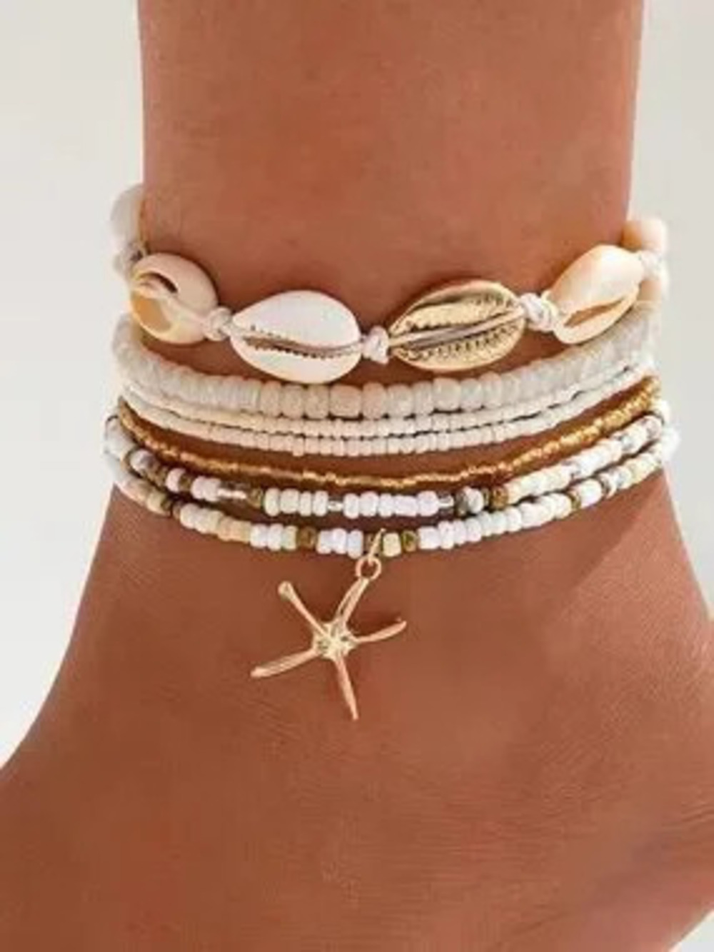 Boho Shell & Starfish Multi-Layer Anklet Bracelet - White & Gold